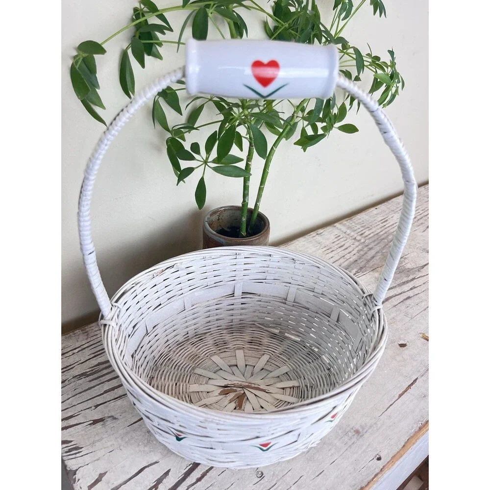 Vintage White Woven Wicker Basket Ceramic Heart Handle / Red & Green Flowers 11”